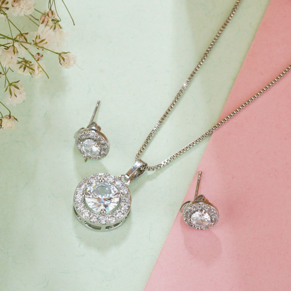 Silver Round Cut pendant chain and earring set