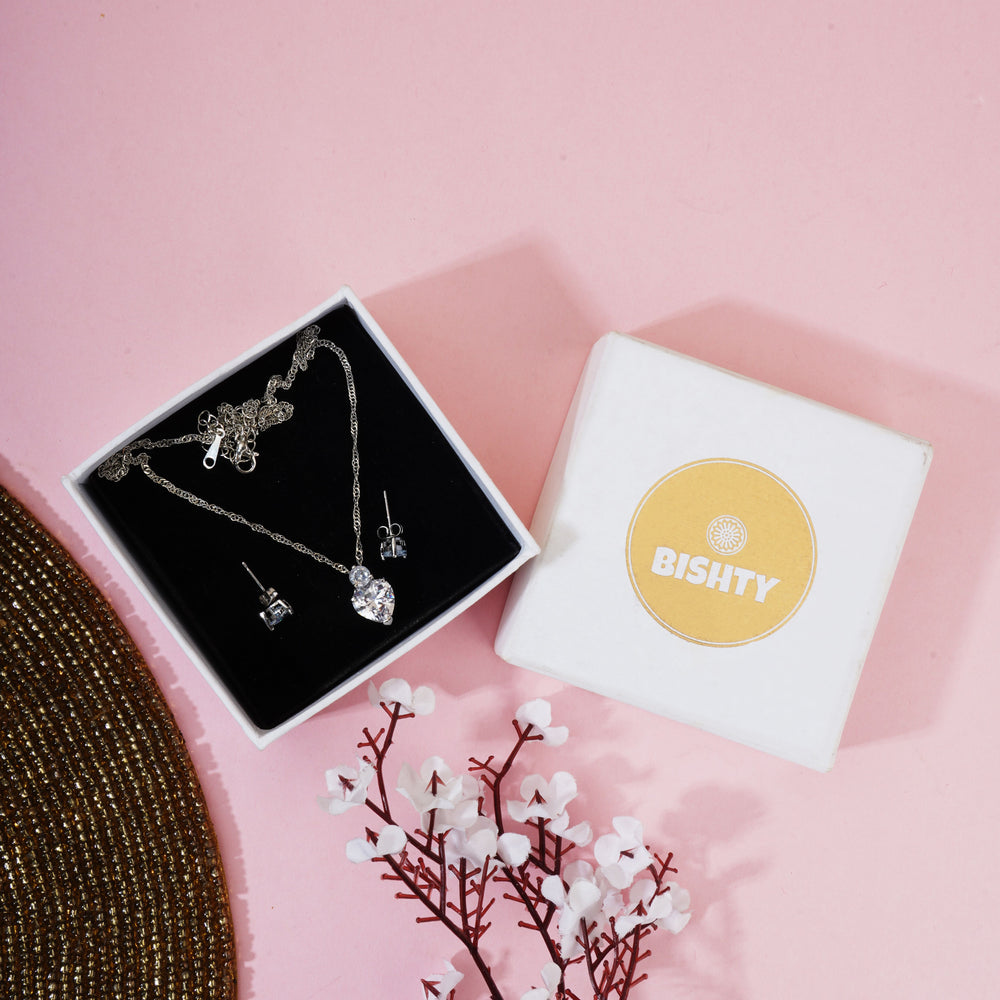 Silver Heart Shaped pendant chain and earring set