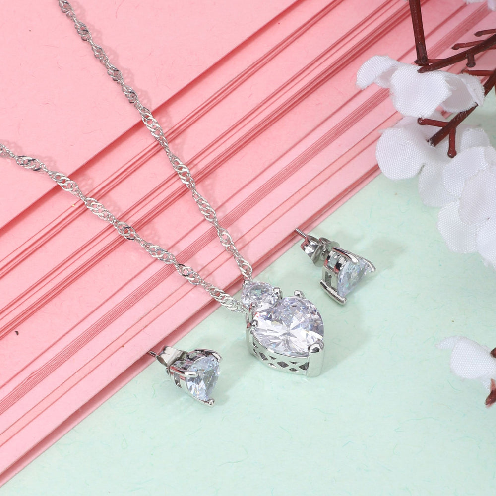 Silver Heart Shaped pendant chain and earring set