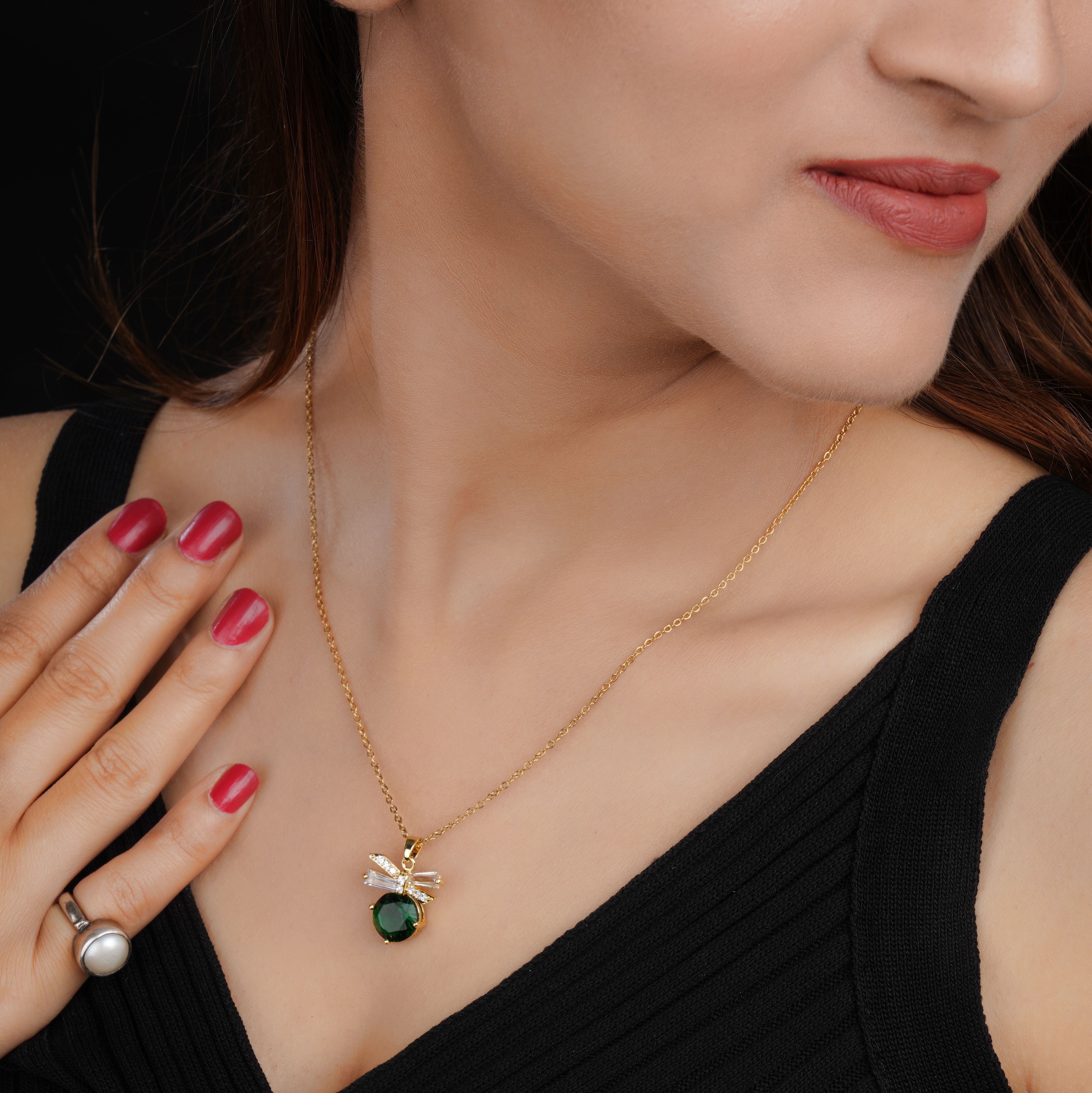 Stylish Green Pendant Chain for Girls Women | Anti Tarnish Anti Allergic