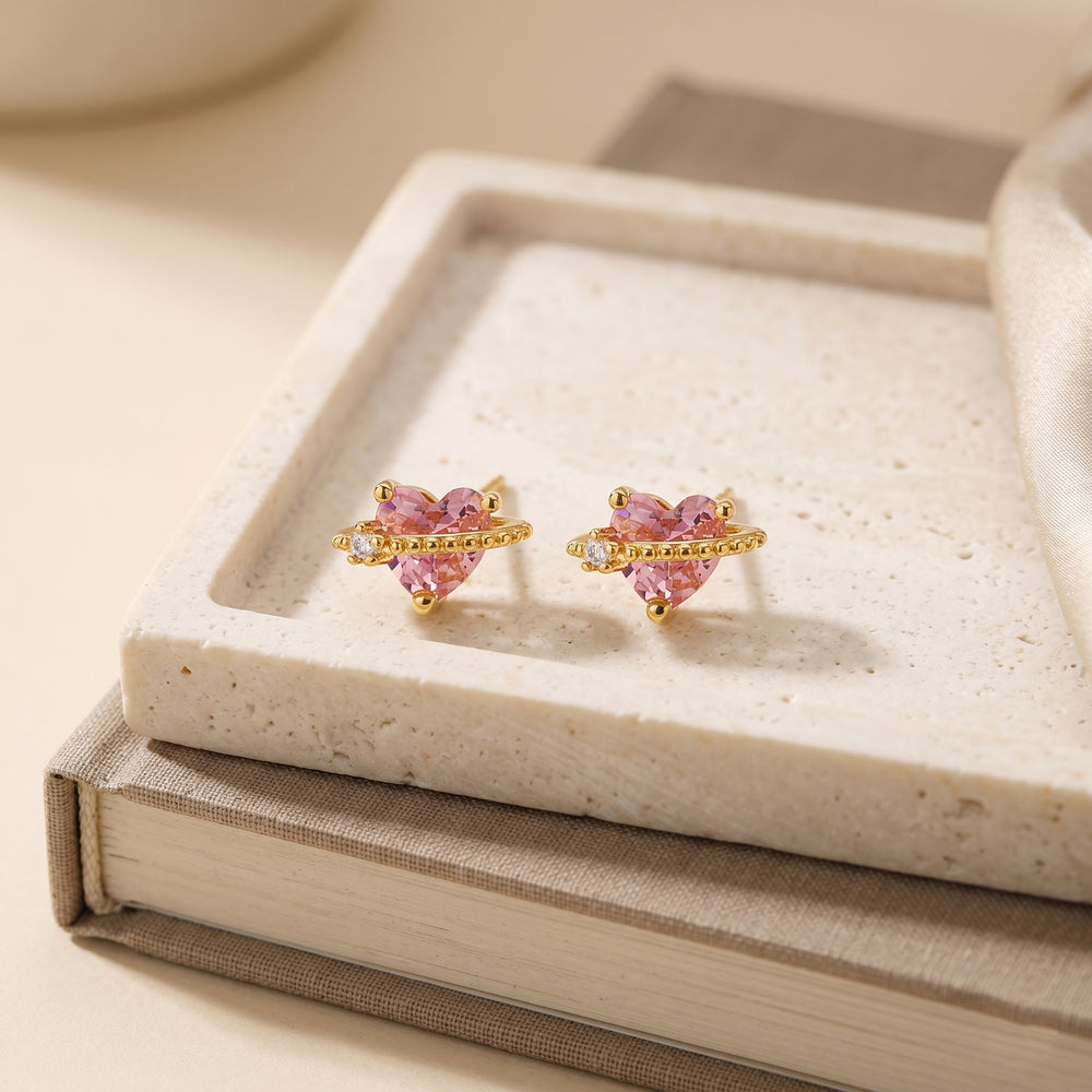 Whimsical Gold Plated Saturn Planet Stud Earrings with Heart-Cut Pink Morganite Crystal