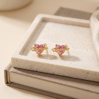 Whimsical Gold Plated Saturn Planet Stud Earrings with Heart-Cut Pink Morganite Crystal