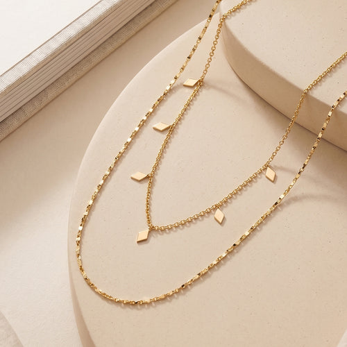 Trendy Double Layered Gold Chain with Geometric Diamond Shaped Charms