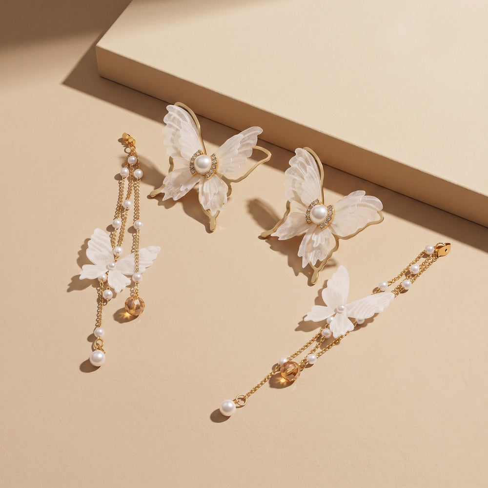 Luxury Gold Plated Multi-Layer Butterfly Dangle Earrings with Silk Wings, Seed Pearls