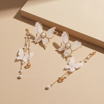 Luxury Gold Plated Multi-Layer Butterfly Dangle Earrings with Silk Wings, Seed Pearls