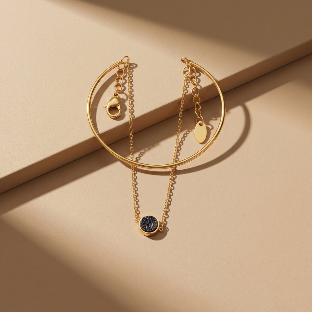 Gold Plated Black Druzy Hand Harness, Circular Stone Bracelet with Finger Chain