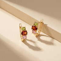 Gold Plated Hoop Earrings with Peridot, Garnet, and Pink Tourmaline Crystals