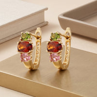 Gold Plated Hoop Earrings with Peridot, Garnet, and Pink Tourmaline Crystals