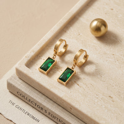 Designer Gold Plated with Emerald Green Color Cubic Zirconia Dangling Earing - Second Image