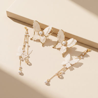Luxury Gold Plated Multi-Layer Butterfly Dangle Earrings with Silk Wings, Seed Pearls - Second Image