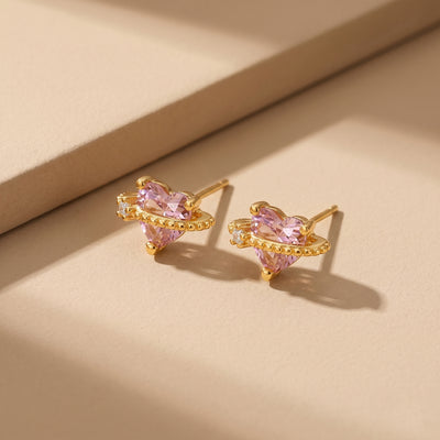 Whimsical Gold Plated Saturn Planet Stud Earrings with Heart-Cut Pink Morganite Crystal