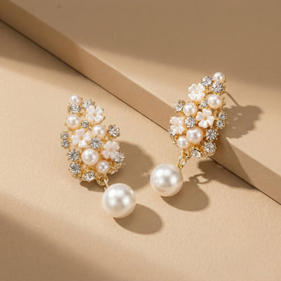 Luxury Gold Plated Floral Drop Earrings with White Pearls and Crystal Accents