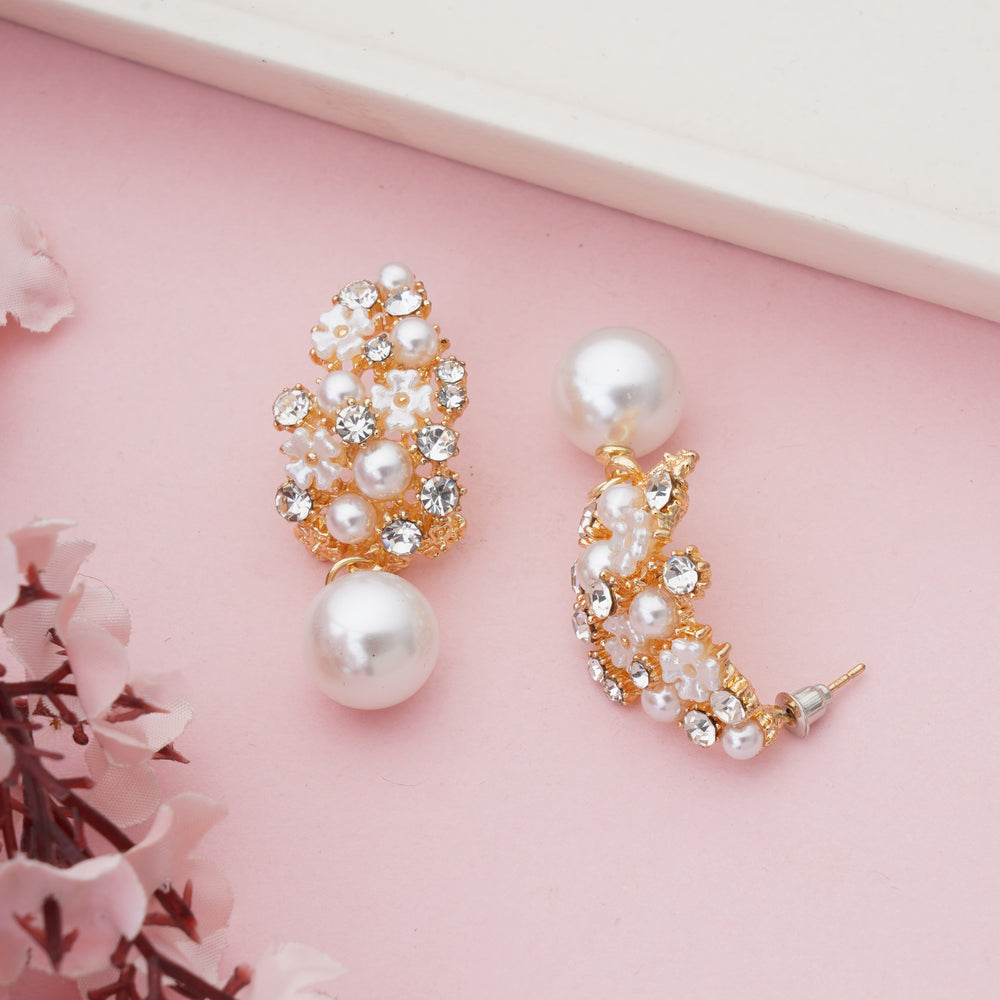 Luxury Gold Plated Floral Drop Earrings with White Pearls and Crystal Accents
