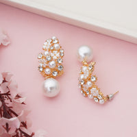 Luxury Gold Plated Floral Drop Earrings with White Pearls and Crystal Accents