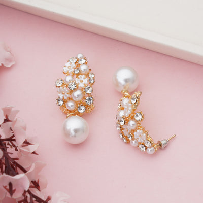 Luxury Gold Plated Floral Drop Earrings with White Pearls and Crystal Accents - Second Image
