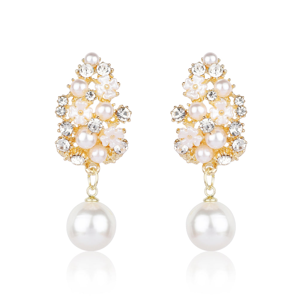 Luxury Gold Plated Floral Drop Earrings with White Pearls and Crystal Accents