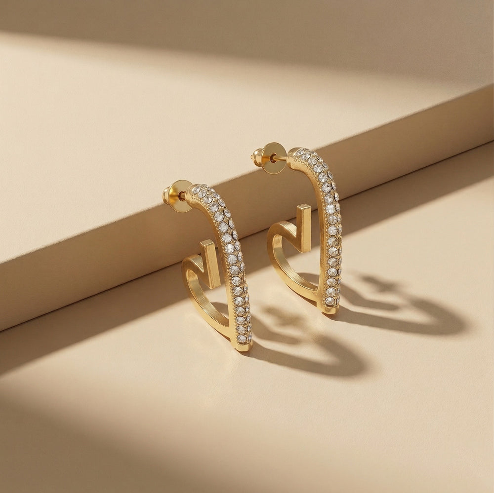 Trendy Gold Plated Crystal Encrusted Heart C-Hoop Earrings