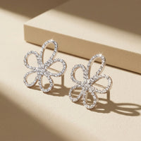 Elegant Rhodium Plated Floral Stud Earrings with White Zirconia Diamonds