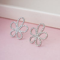 Elegant Rhodium Plated Floral Stud Earrings with White Zirconia Diamonds