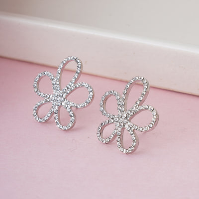 Elegant Rhodium Plated Floral Stud Earrings with White Zirconia Diamonds - Second Image