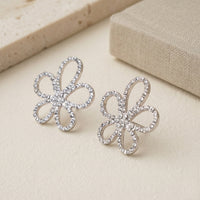 Elegant Rhodium Plated Floral Stud Earrings with White Zirconia Diamonds