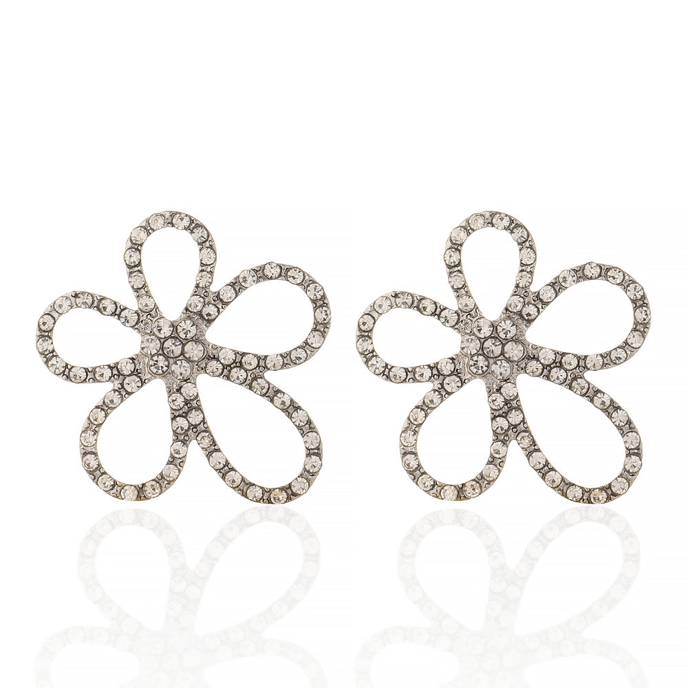 Elegant Rhodium Plated Floral Stud Earrings with White Zirconia Diamonds