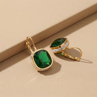 Vintage Style Gold Plated Square Cushion-Cut Emerald Green Gemstone Earrings