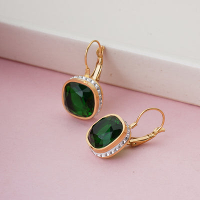 Vintage Style Gold Plated Square Cushion-Cut Emerald Green Gemstone Earrings - Second Image