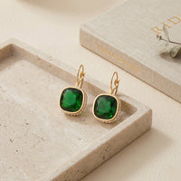 Vintage Style Gold Plated Square Cushion-Cut Emerald Green Gemstone Earrings