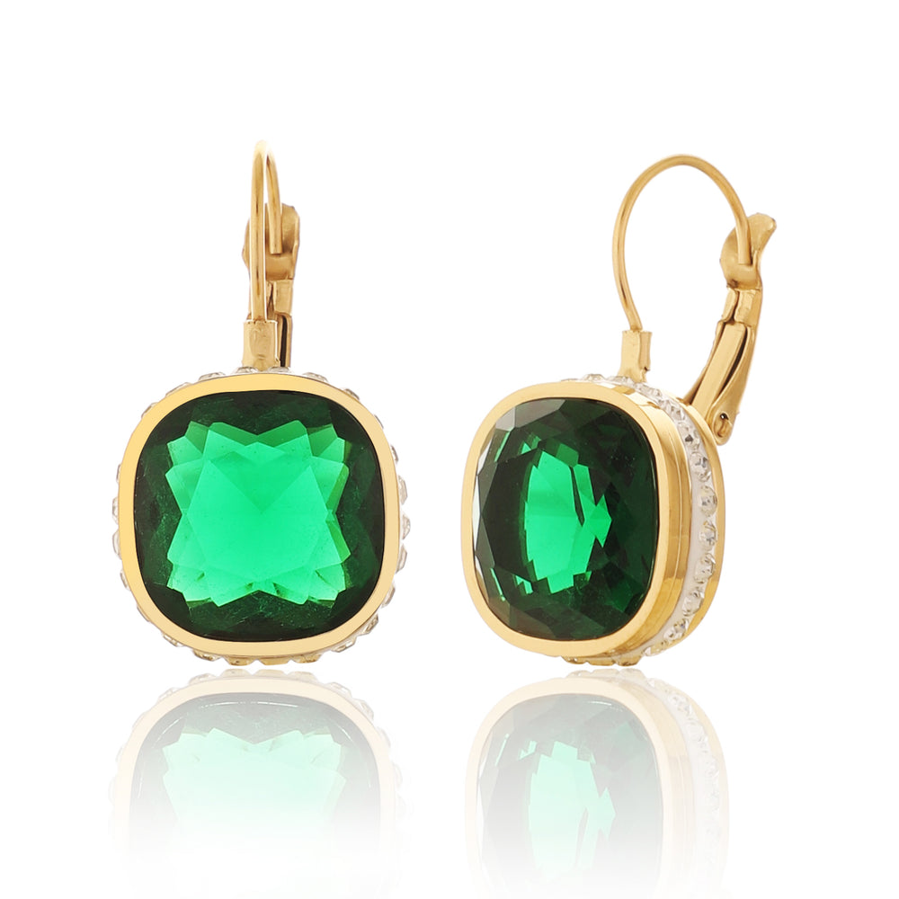 Vintage Style Gold Plated Square Cushion-Cut Emerald Green Gemstone Earrings