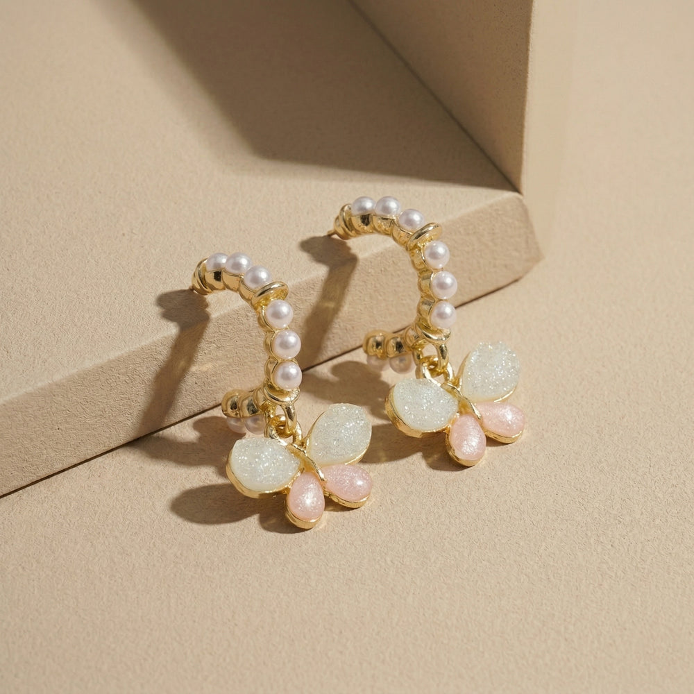Chic Gold Plated Butterfly Dangle Hoop Earrings with Resin Wings and White Pearls