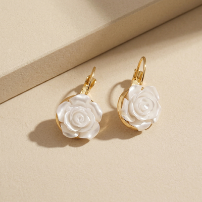 Romantic Gold Plated White Resin Rose Flower Earrings for Brides and Weddings