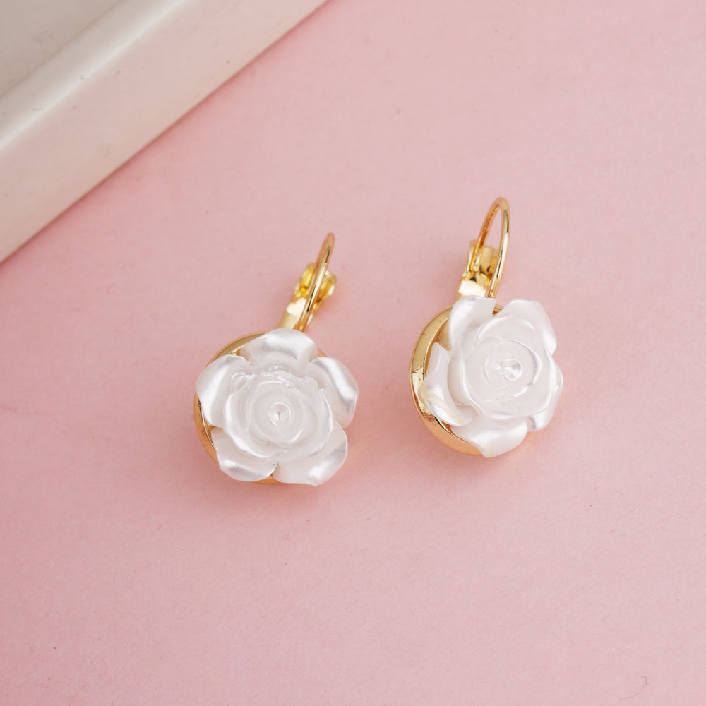 Romantic Gold Plated White Resin Rose Flower Earrings for Brides and Weddings