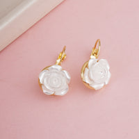 Romantic Gold Plated White Resin Rose Flower Earrings for Brides and Weddings