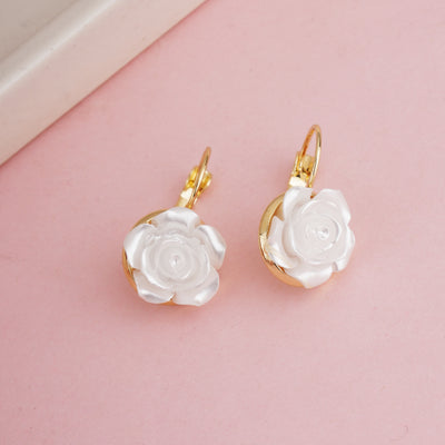 Romantic Gold Plated White Resin Rose Flower Earrings for Brides and Weddings - Second Image