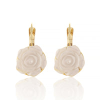 Romantic Gold Plated White Resin Rose Flower Earrings for Brides and Weddings