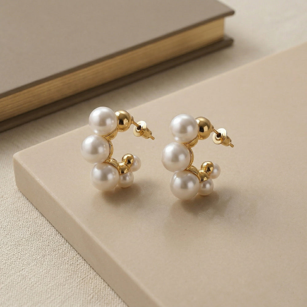 Minimalist Gold Plated with Pearl Cluster Half-Hoop Earrings for Office Wear