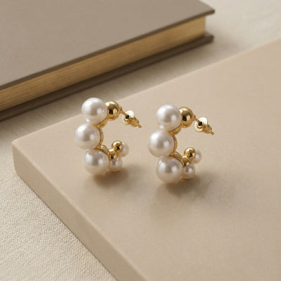 Minimalist Gold Plated with Pearl Cluster Half-Hoop Earrings for Office Wear