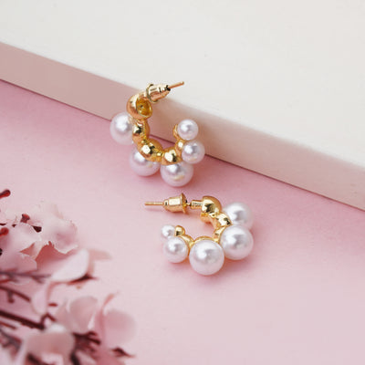Minimalist Gold Plated with Pearl Cluster Half-Hoop Earrings for Office Wear - Second Image