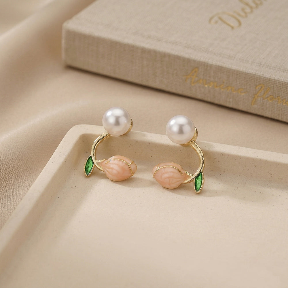 Artistic Gold Plated Floral Bud Earrings with White Pearl and Enamel Petals