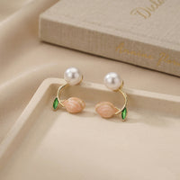 Artistic Gold Plated Floral Bud Earrings with White Pearl and Enamel Petals