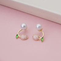 Artistic Gold Plated Floral Bud Earrings with White Pearl and Enamel Petals