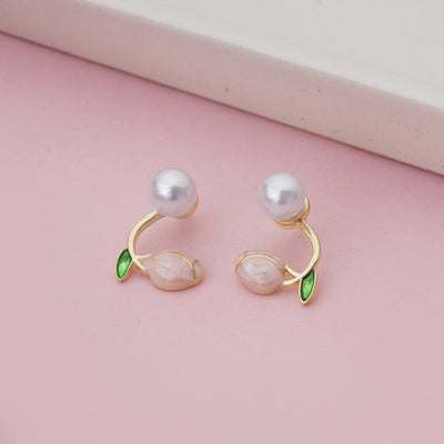 Artistic Gold Plated Floral Bud Earrings with White Pearl and Enamel Petals - Second Image