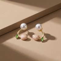 Artistic Gold Plated Floral Bud Earrings with White Pearl and Enamel Petals