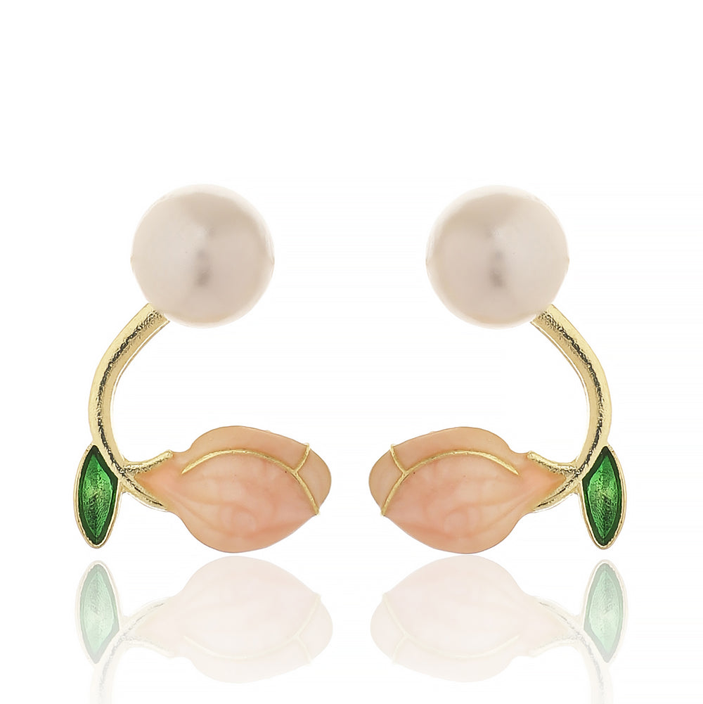 Artistic Gold Plated Floral Bud Earrings with White Pearl and Enamel Petals
