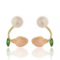 Artistic Gold Plated Floral Bud Earrings with White Pearl and Enamel Petals