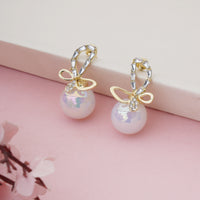 Designer Gold Plated Crystal Ribbon Earrings with Large Pearl Drop
