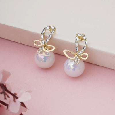 Designer Gold Plated Crystal Ribbon Earrings with Large Pearl Drop - Second Image