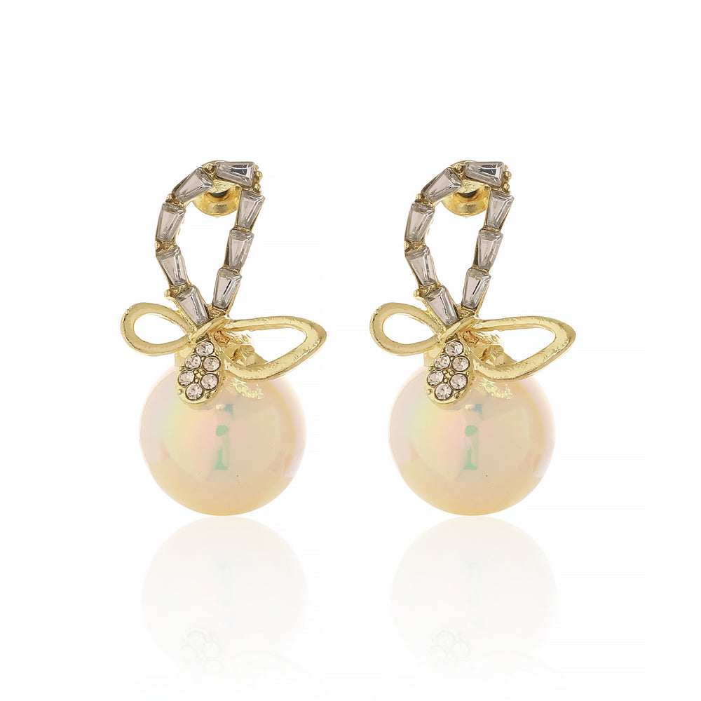 Designer Gold Plated Crystal Ribbon Earrings with Large Pearl Drop