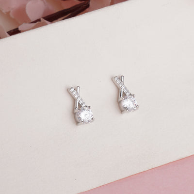 Elegant Silver Plated Criss-Cross Stud Earrings with Round Cut Cubic Zirconia - Second Image